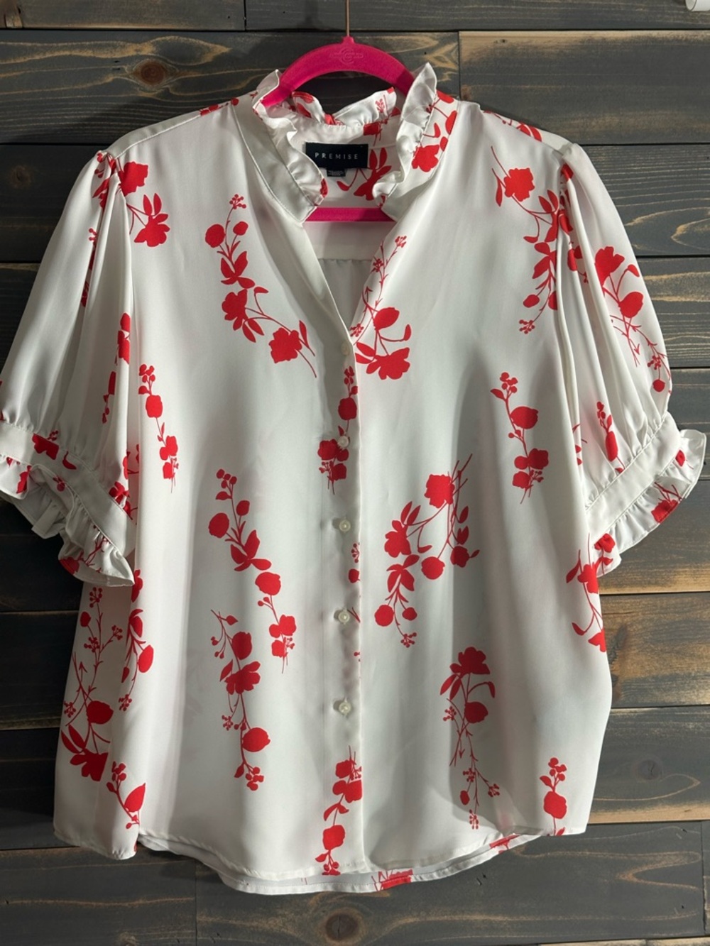 Premise White Blouse with Red Floral Accents